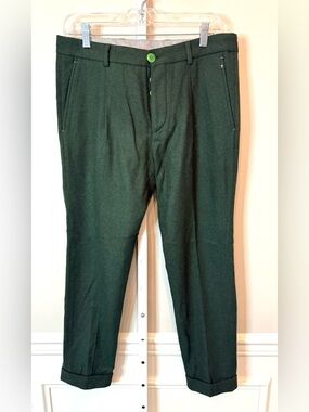 Manuel Ritz Wool Trousers Green Cropped Cuffed Colorful Button Fly Size 32